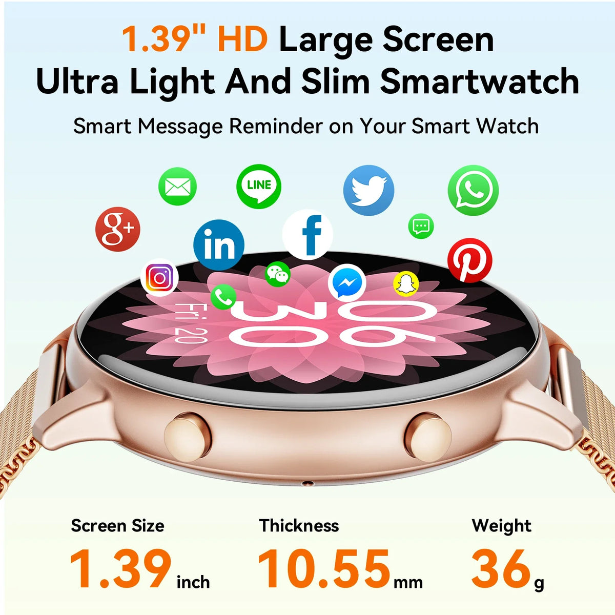 Women Rose Gold Smart Watch 1.39" Round Screen Bluetooth Call IP67 Waterproof Fitness Tracker Heart Rate SpO2 Monitor Ladies Smartwatch For Android IOS