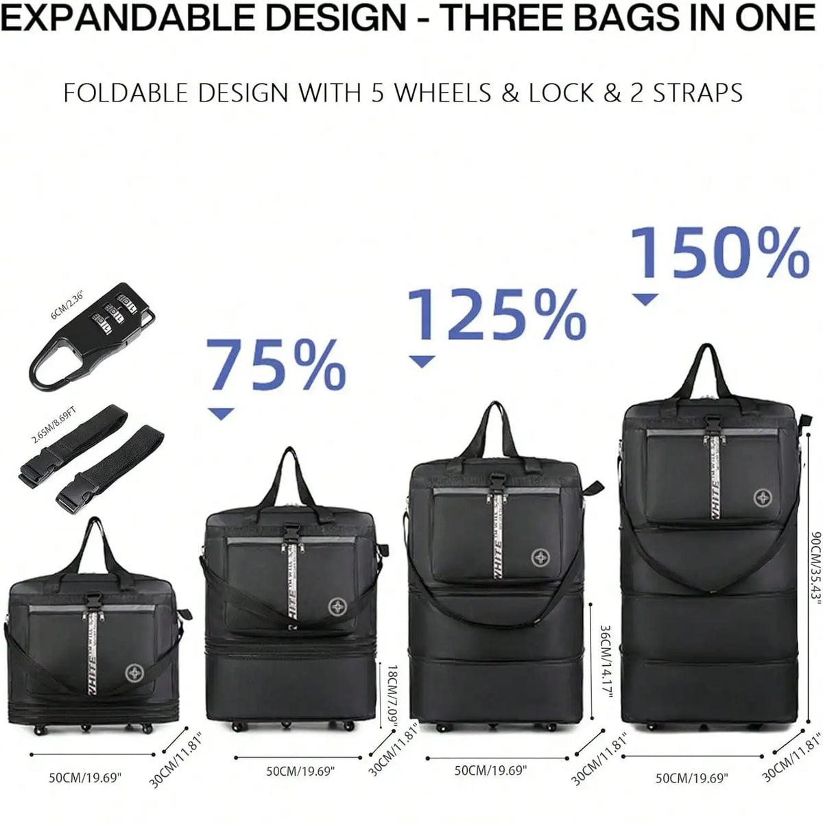 42 Inch Expandable Large Travel Duffel Bag With 5 360° Spinner Wheels & Lock & 2 Straps- Oxford Waterproof Foldable Suitcase Collapsible Luggage