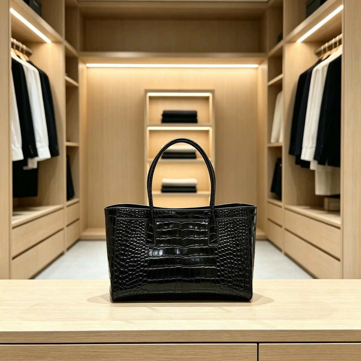 Black Glossy Crocodile Embossed Tote Bag Large Capacity Work Shoulder Handbag Ladies Faux Leather Long Handle Shopping Purse