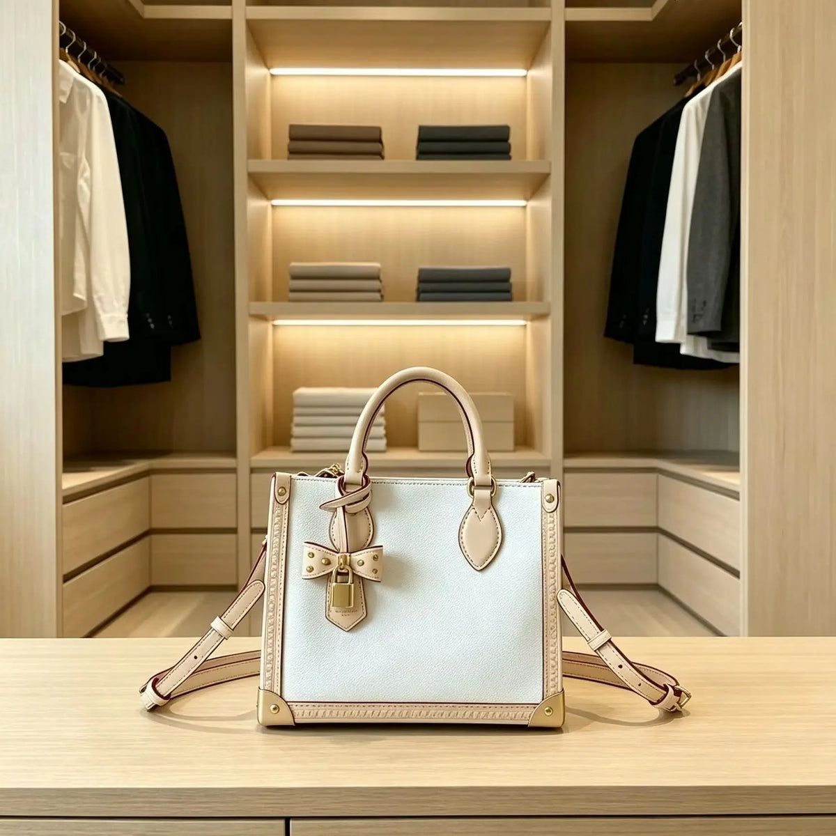White Beige Color Block Handbag Bow Lock Decor Small Tote Bag Faux Leather Top Handle Crossbody Shoulder Purse