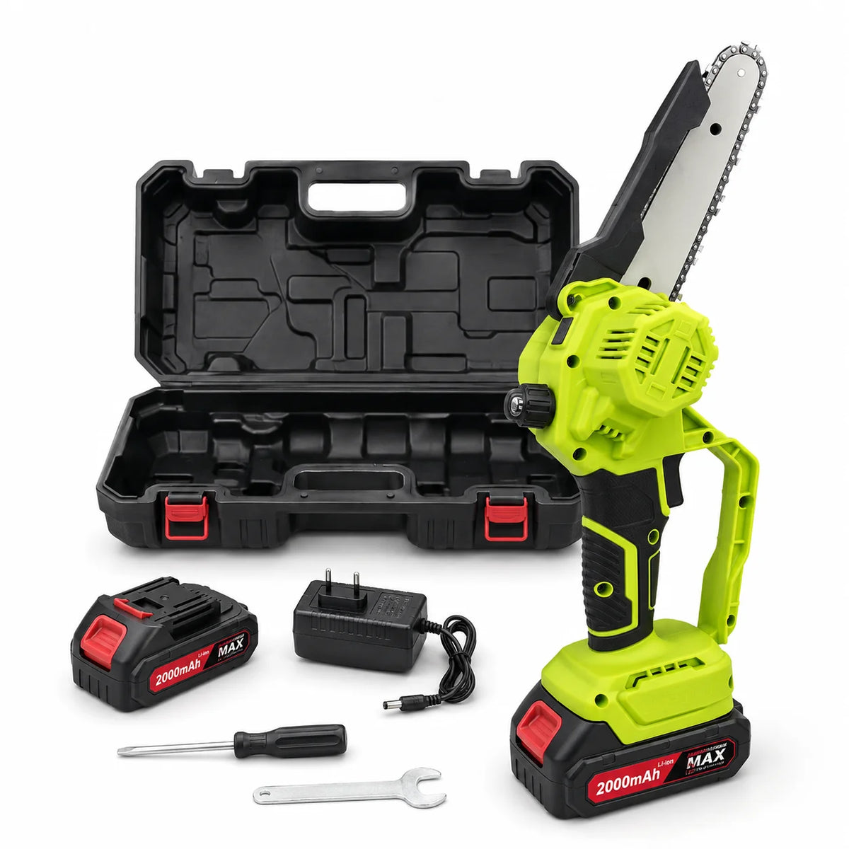 Cordless Mini Chainsaw 6-inch, Handheld Electric Chain Saw with 2×2000mAh Batteries, Portable Pruning Saw with Storage Box & Spare Chain for Garden Yard Orchard Tree Trimming