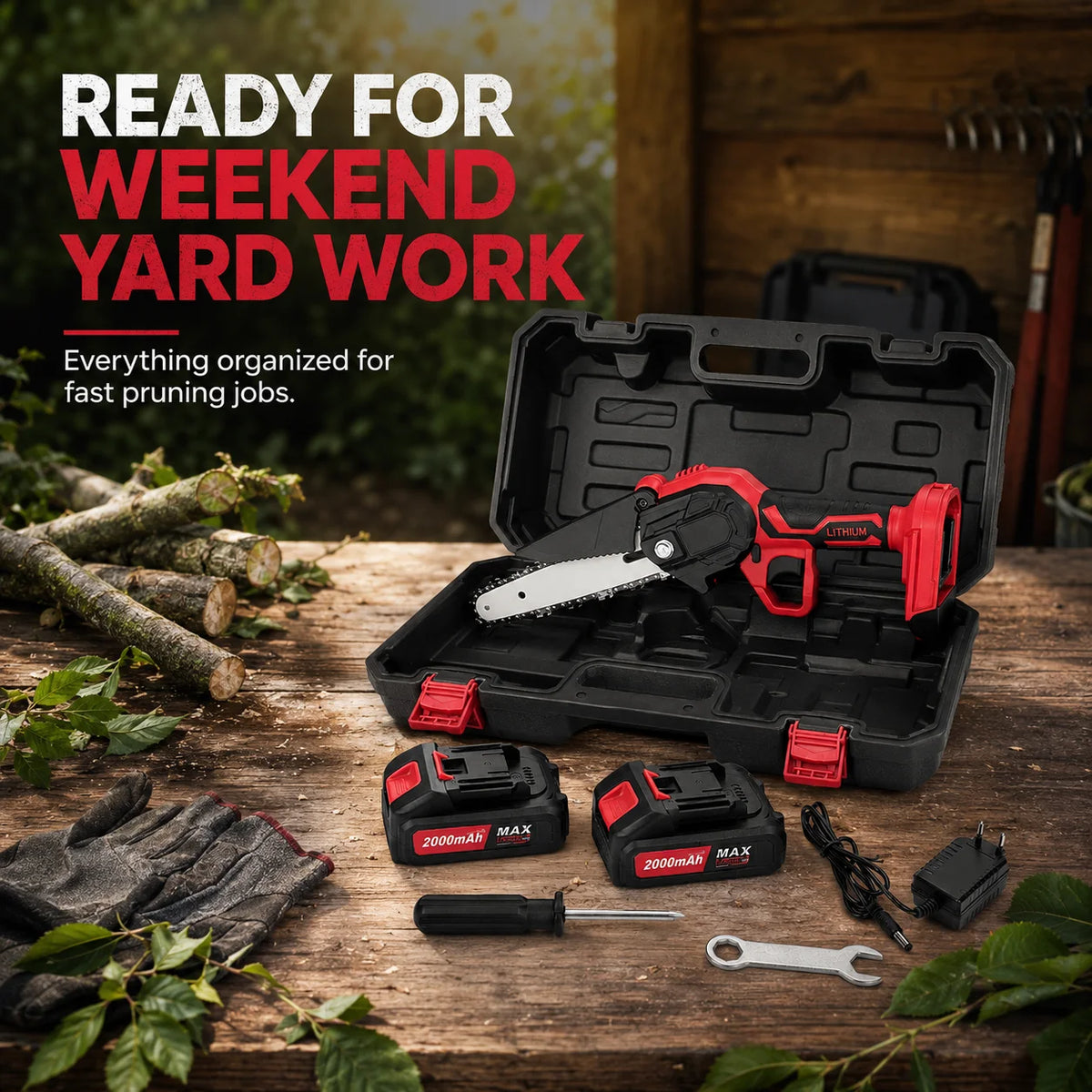 Cordless Mini Chainsaw 6-inch, Handheld Electric Chain Saw with 2×2000mAh Batteries, Portable Pruning Saw with Storage Box & Spare Chain for Garden Yard Orchard Tree Trimming