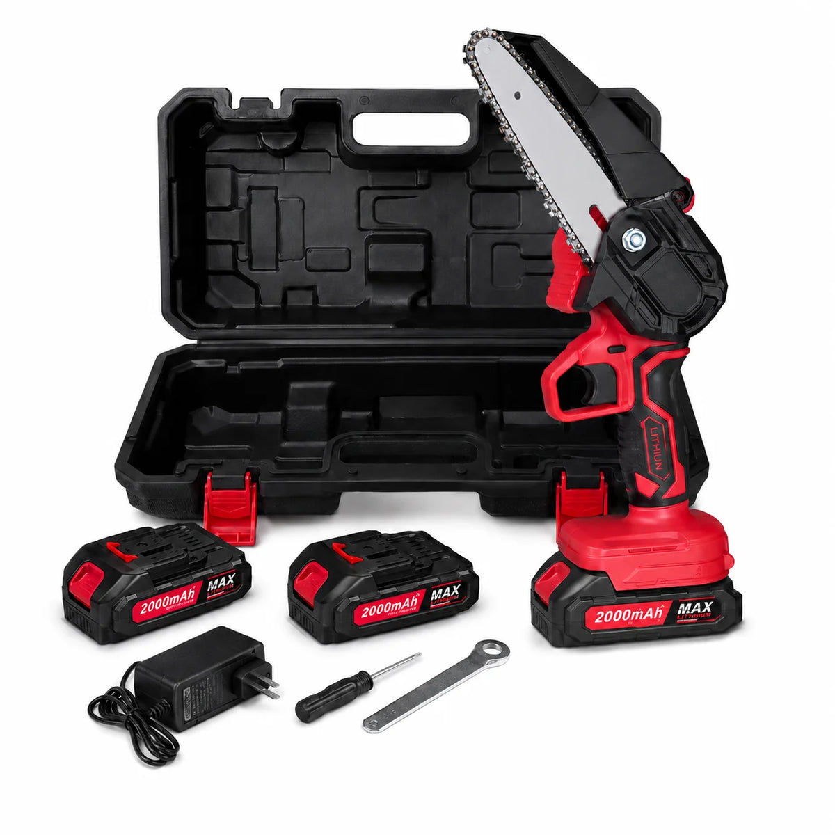 Cordless Mini Chainsaw 6-inch, Handheld Electric Chain Saw with 2×2000mAh Batteries, Portable Pruning Saw with Storage Box & Spare Chain for Garden Yard Orchard Tree Trimming
