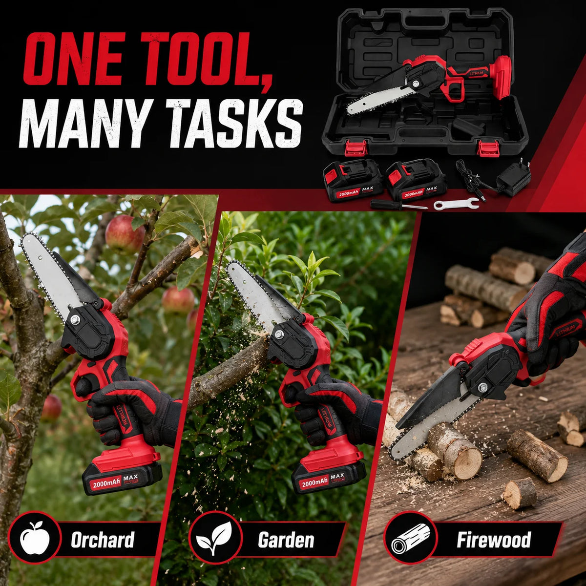 Cordless Mini Chainsaw 6-inch, Handheld Electric Chain Saw with 2×2000mAh Batteries, Portable Pruning Saw with Storage Box & Spare Chain for Garden Yard Orchard Tree Trimming