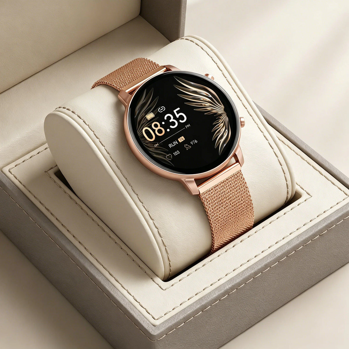 Women Rose Gold Smart Watch 1.39" Round Screen Bluetooth Call IP67 Waterproof Fitness Tracker Heart Rate SpO2 Monitor Ladies Smartwatch For Android IOS