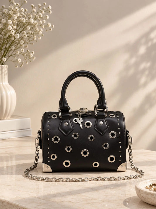 Women's Retro Faux Leather Box Handbag With Shoulder Strap