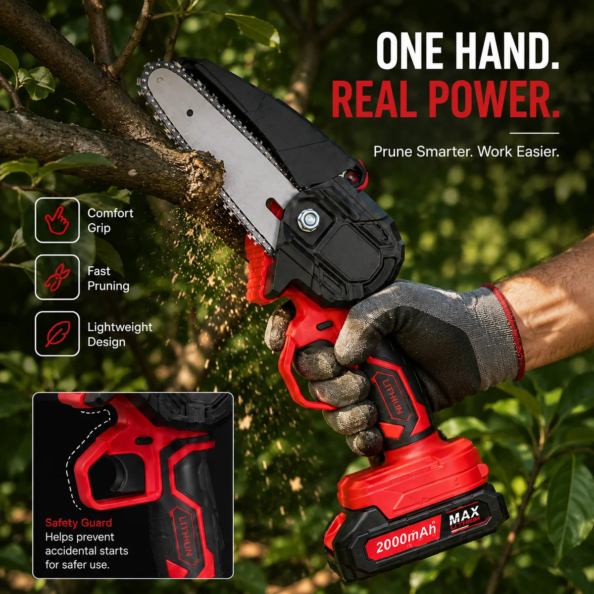 Cordless Mini Chainsaw 6-inch, Handheld Electric Chain Saw with 2×2000mAh Batteries, Portable Pruning Saw with Storage Box & Spare Chain for Garden Yard Orchard Tree Trimming