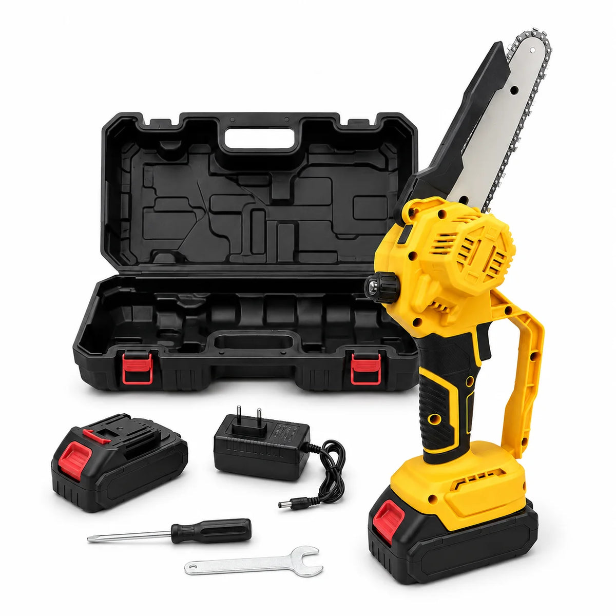 Cordless Mini Chainsaw 6-inch, Handheld Electric Chain Saw with 2×2000mAh Batteries, Portable Pruning Saw with Storage Box & Spare Chain for Garden Yard Orchard Tree Trimming