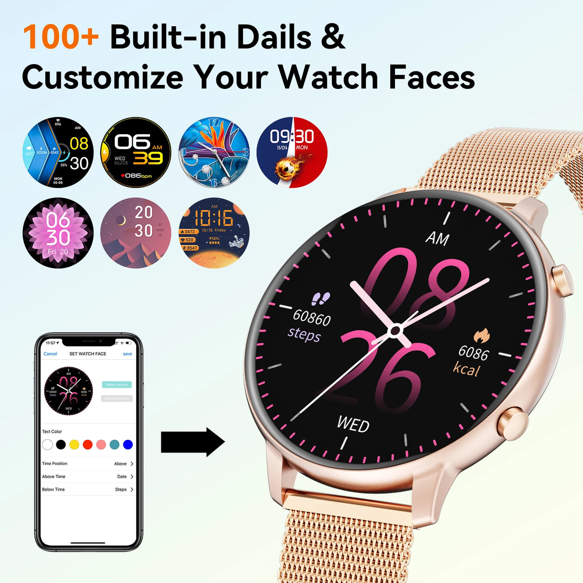 Women Rose Gold Smart Watch 1.39" Round Screen Bluetooth Call IP67 Waterproof Fitness Tracker Heart Rate SpO2 Monitor Ladies Smartwatch For Android IOS