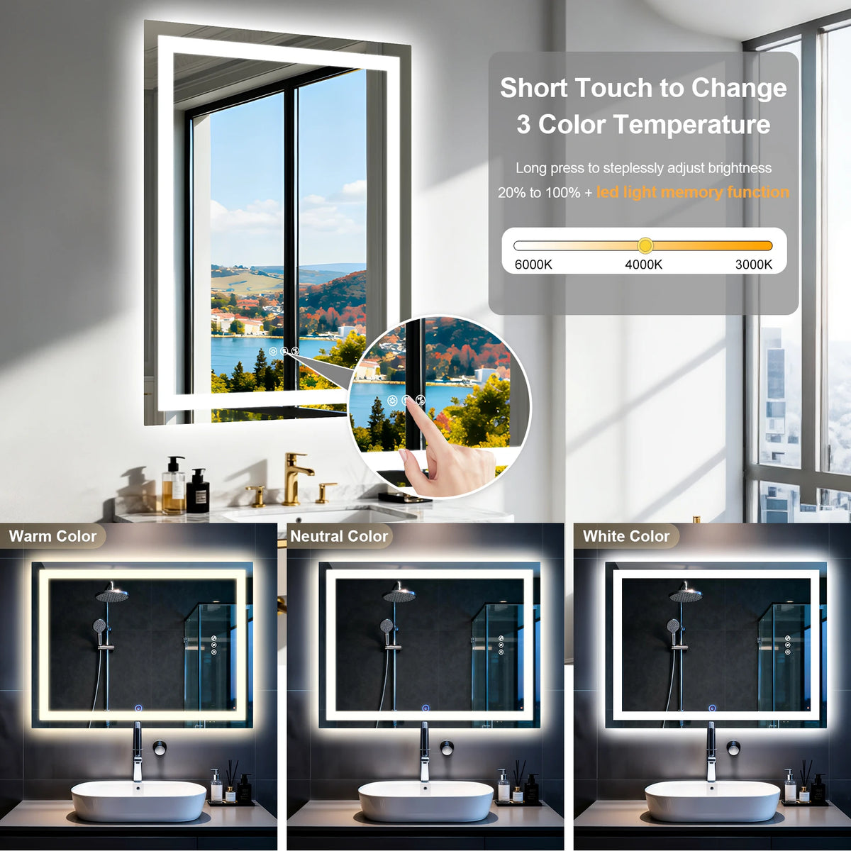 Smart LED Bathroom Mirror 500x700mm/600x800mm Rectangle Vanity Mirror with Dual NdFeB Speaker, Anti-Fog, Tempered Glass