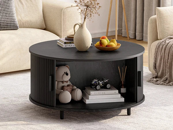 Round Coffee Table with Storage,31.5" Modern Coffee Table with 360° Curved Sliding Door,Fluted Wood Accent Coffee Tablee