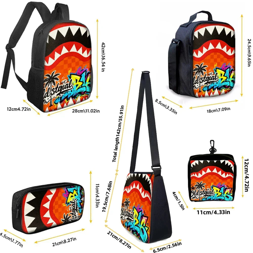 1/2/3/4/5PCS Trendy Shark Graphic Backpack Set | Perfect for School & Daily Adventures
