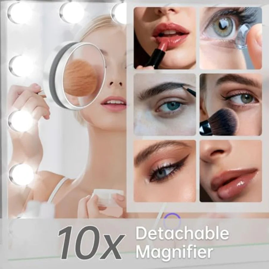 Hollywood Vanity Mirror with Lights, 23" x 18" Lighted Makeup Mirror with 15 Led Bulbs, 3 Color Lights, 10x Magnification, Desk