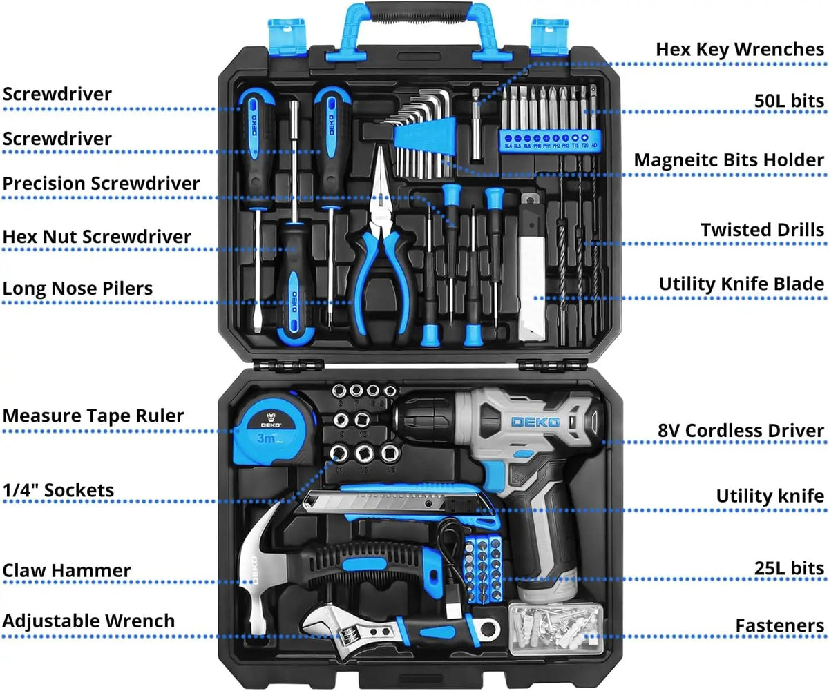 DEKO Drill Set: Tool Set with 8V Blue Cordless Drill, Home Tool Kit with Drill, Hand Tool Kits for Women 126 Piece