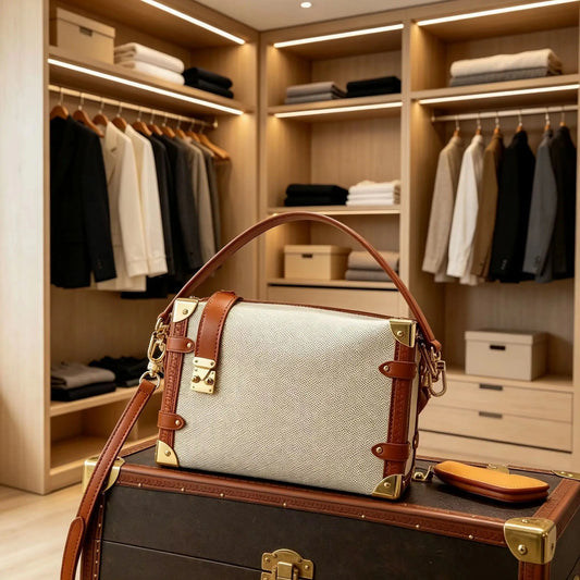 Vintage Canvas Leather Box Bag Rivet Decor Top Handle Crossbody Handbag Ladies Contrast Color Hard Case Purse
