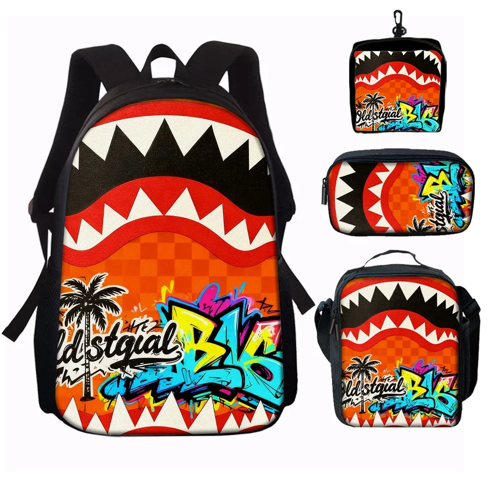 1/2/3/4/5PCS Trendy Shark Graphic Backpack Set | Perfect for School & Daily Adventures