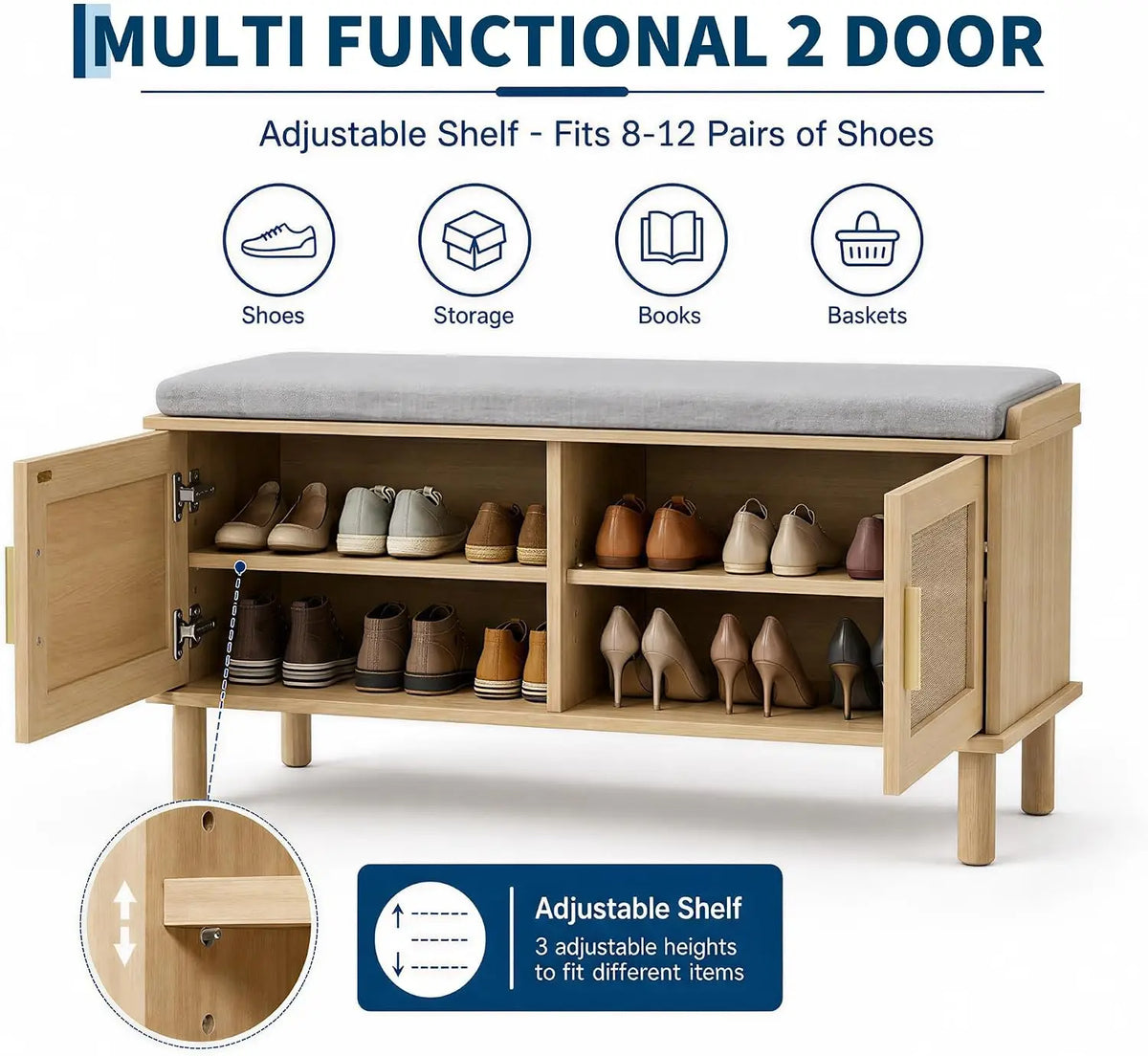 Entryway Shoe Changing Stool with Cushion and with 2 Doors Multi-layer Shoe Storage Shoe Cabinet Shoes Storage Rack Home Door Long Bench for Bedroom