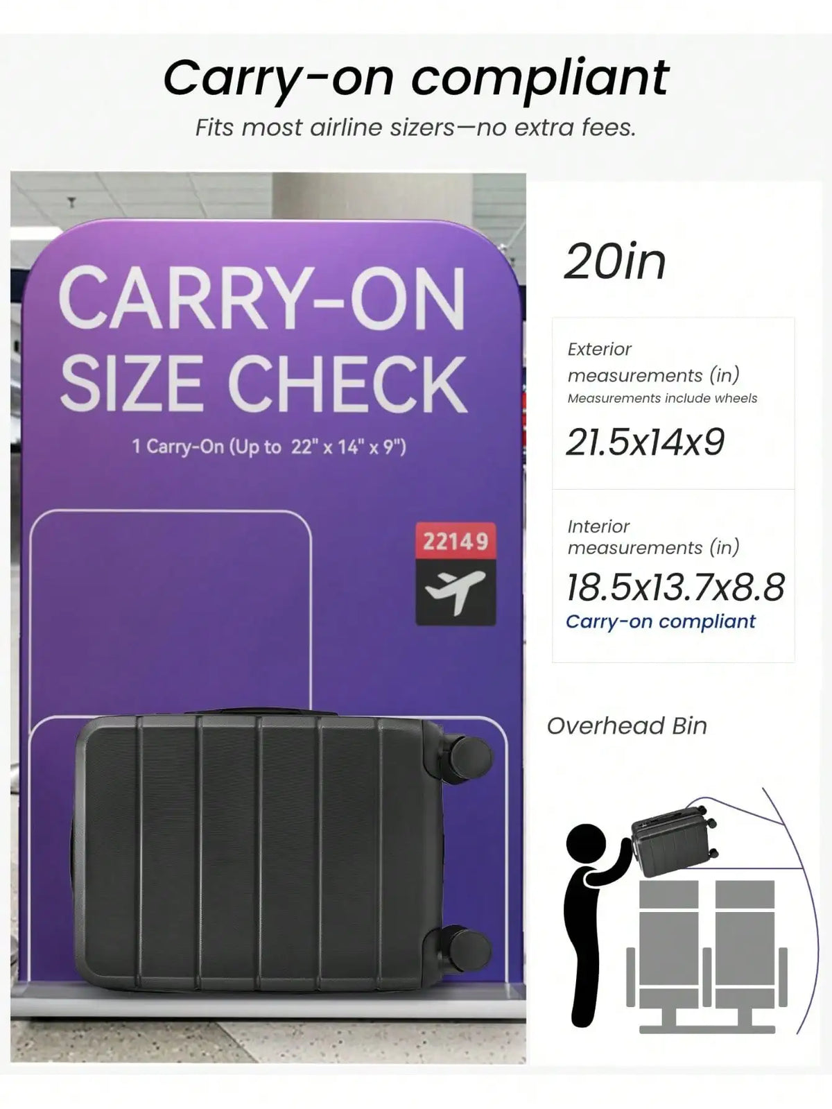 20 Inch Hard Shell Carry On Luggage Suitcase, Lightweight ABS Hardside Travel Hand Luggage with 360° Spinner Wheels, Built-In TSA Lock, Airline Approved Blue Rolling Suitcase for Men Women, Ideal for Business Trips, Weekend
