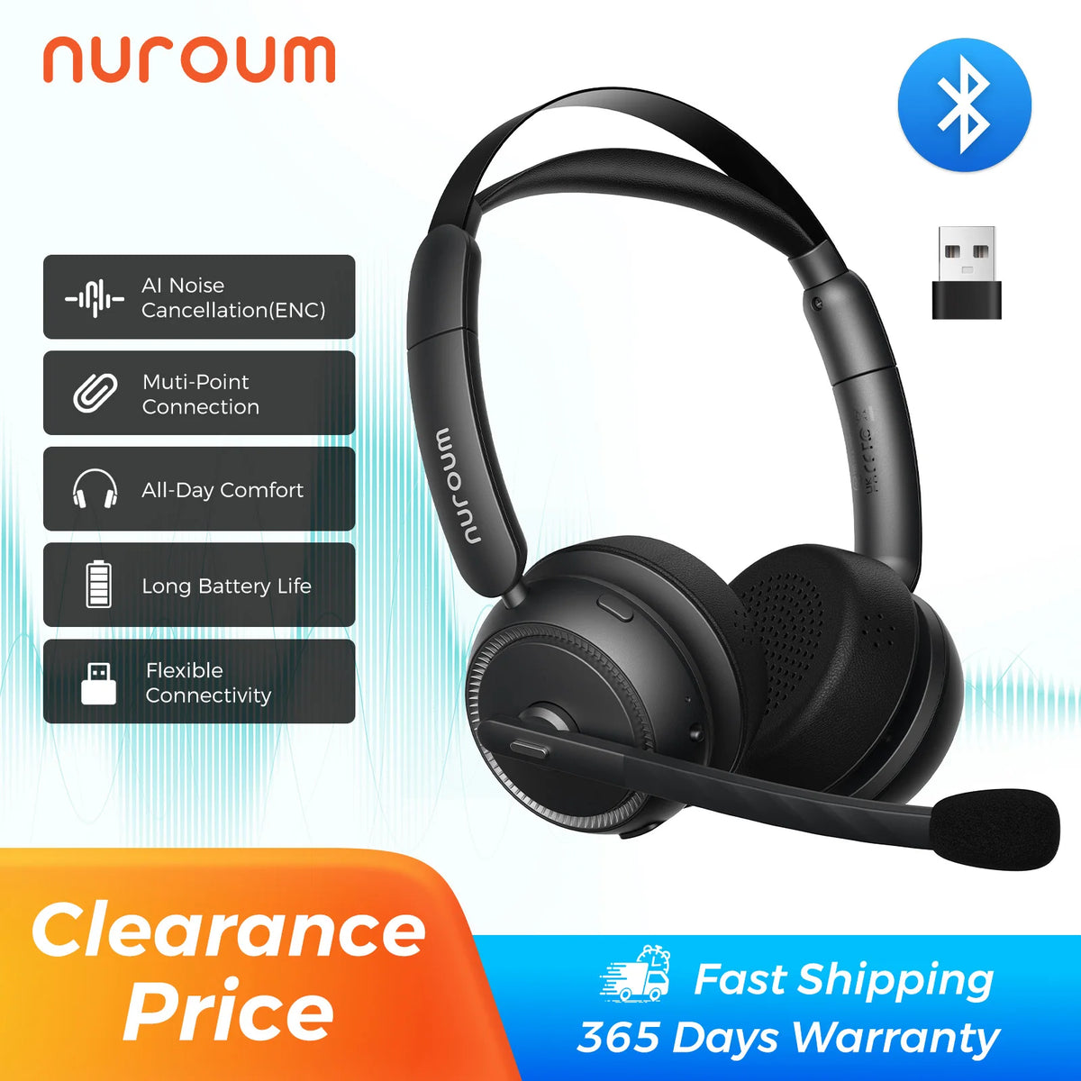 Nuroum Wireless Bluetooth Headset With Noise Canceling Mic Usb Dongle