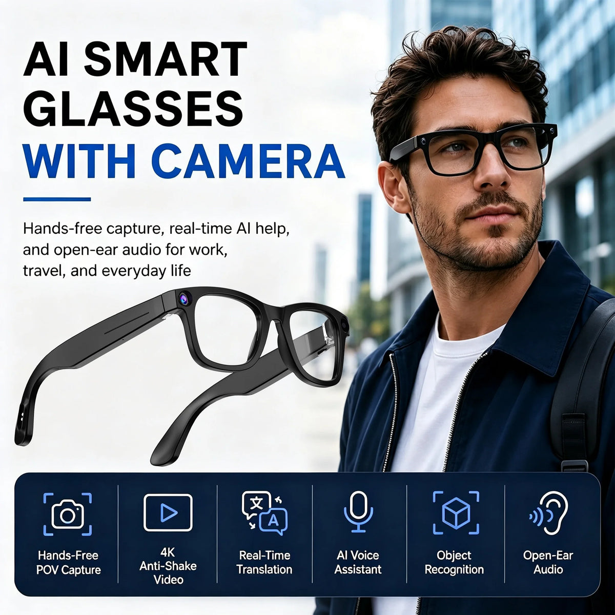Ai Smart Glasses With Camera 4k, Real-Time Translation, AI Assistant, Object Recognition, Open-Ear Speakers, AI Voice Control, Bluetooth 5.4 For HD Video & Immersive Audio