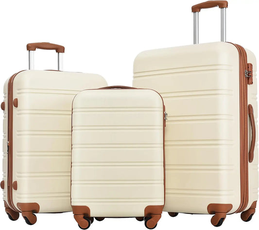 3 Piece Luggage Set Hard Shell Suitcases with Wheels, Antique White Durable Carry on Luggage with Lock, Rolling Checked Travel Suitcase for Women & Men, Lightweight Suit Case for Travel