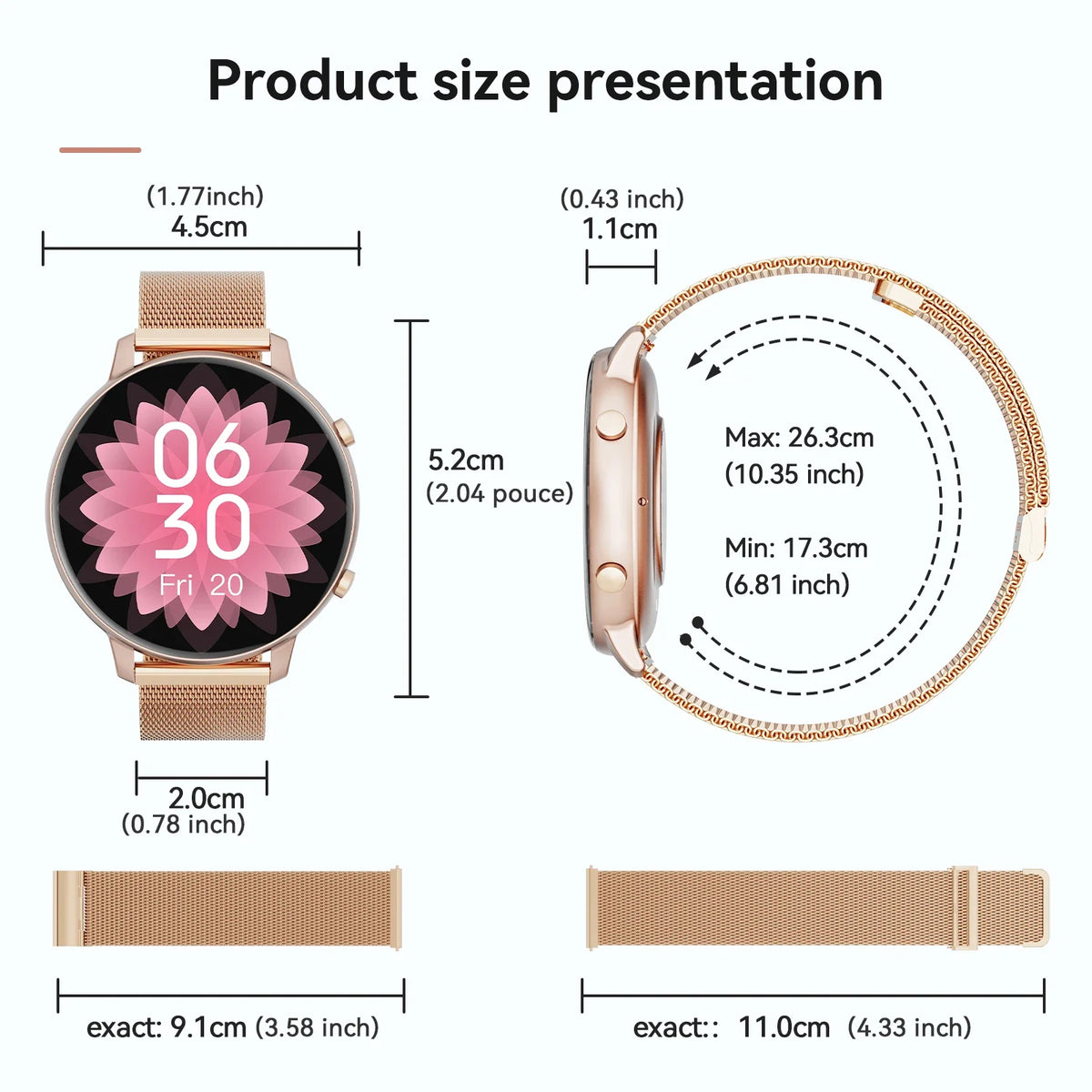 Women Rose Gold Smart Watch 1.39" Round Screen Bluetooth Call IP67 Waterproof Fitness Tracker Heart Rate SpO2 Monitor Ladies Smartwatch For Android IOS