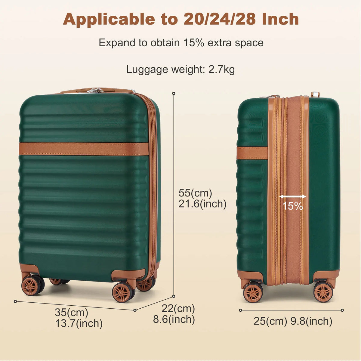 KONO 3 Piece ABS Hardside Luggage Set, 20/24/28 Inch Family Travel Suitcases, Quiet 360° Spinner Wheels, Adjustable 3-Stage Aluminum Telescopic Handle, Impact Resistant Expandable Luggage with 2-Year Warranty