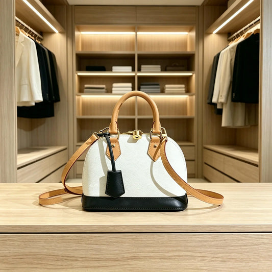 White Black Color Block Dome Satchel Bag Top Handle Handbag Ladies Removable Crossbody Strap Purse Vintage Shell Bag