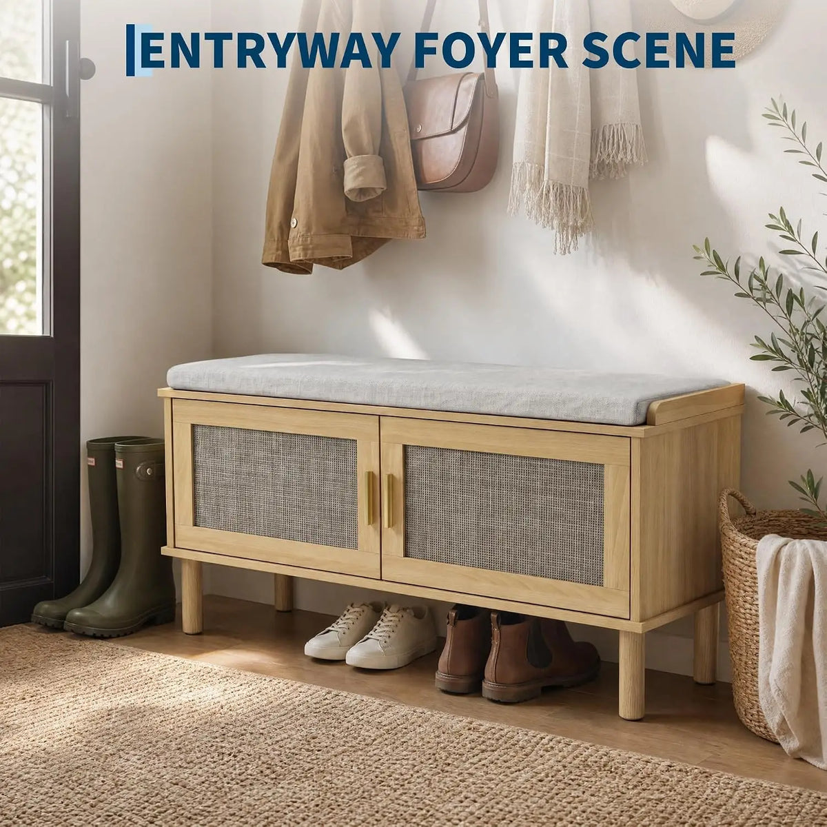 Entryway Shoe Changing Stool with Cushion and with 2 Doors Multi-layer Shoe Storage Shoe Cabinet Shoes Storage Rack Home Door Long Bench for Bedroom