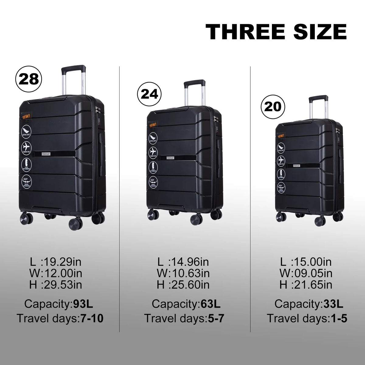 Travelhouse Hardshell Suitcase Spinner Wheels PP Luggage Sets Lightweight Suitcase With TSA Lock, 3-Piece Set (20/24/28)
