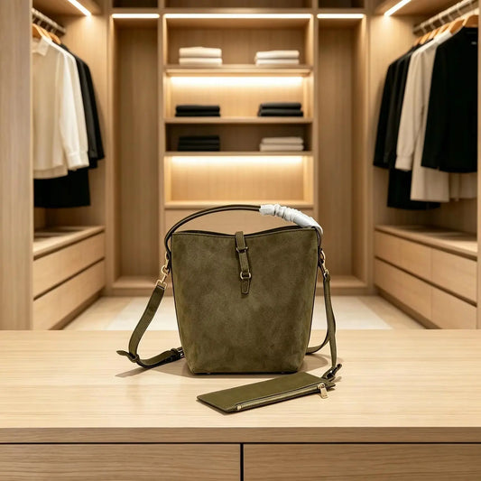 Genuine Leather Suede Bucket Bag With Top Handle Crossbody Strap