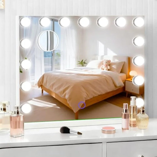 Hollywood Vanity Mirror with Lights, 23" x 18" Lighted Makeup Mirror with 15 Led Bulbs, 3 Color Lights, 10x Magnification, Desk