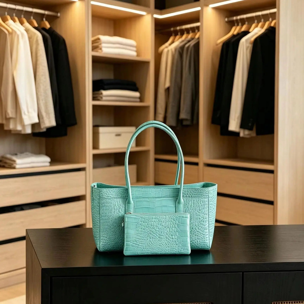 Mint Green Crocodile Embossed Tote Bag Large Capacity Shoulder Handbag With Small Coin Purse Ladies Faux Leather Shopping Bag