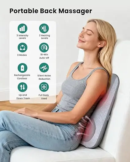 Cordless Back Massager with Heat, Up and Down Rolling Massage & Heated Lower Back, 4D Shiatsu Back Massager