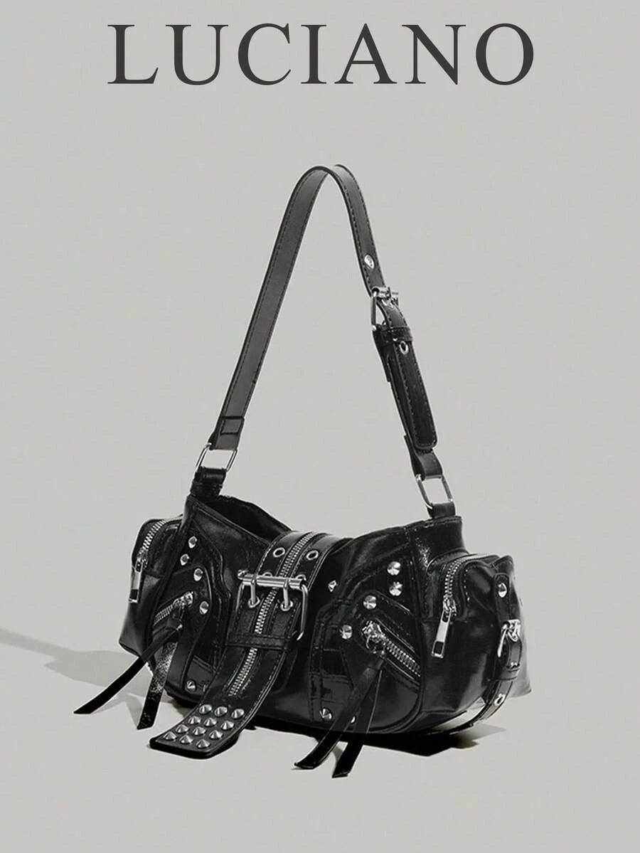 Motorcycle Bag Y2K Large Capacity Multifunctional Rivet Shoulder Crossbody Underarm Bag, Deep Black PU Leather Handbag SKU: SG25021281714057390