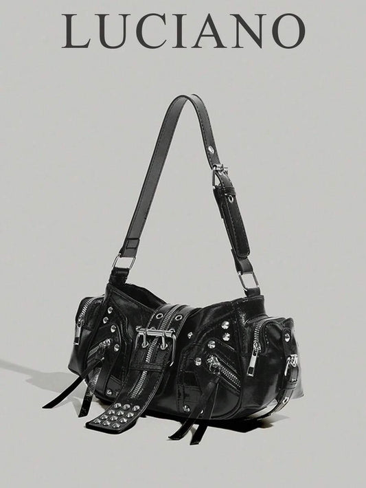 Motorcycle Bag Y2K Large Capacity Multifunctional Rivet Shoulder Crossbody Underarm Bag, Deep Black PU Leather Handbag SKU: SG25021281714057390