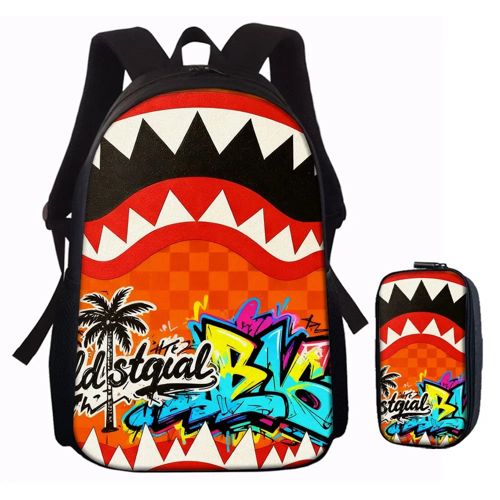 1/2/3/4/5PCS Trendy Shark Graphic Backpack Set | Perfect for School & Daily Adventures