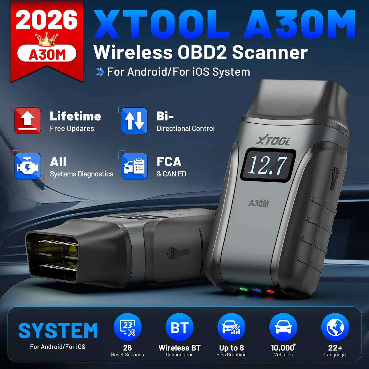 XTOOL Anyscan A30M V2.0 All System Car Diagnostic Tools Bluetooth OBD2 Scanner Active Test 26+ Reset All Functions Lifetime Free