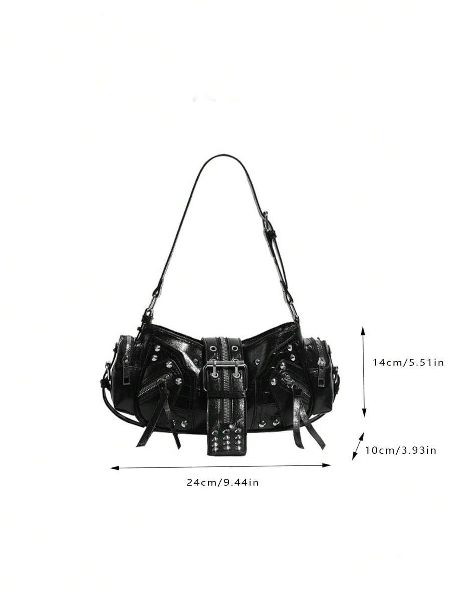 Motorcycle Bag Y2K Large Capacity Multifunctional Rivet Shoulder Crossbody Underarm Bag, Deep Black PU Leather Handbag SKU: SG25021281714057390