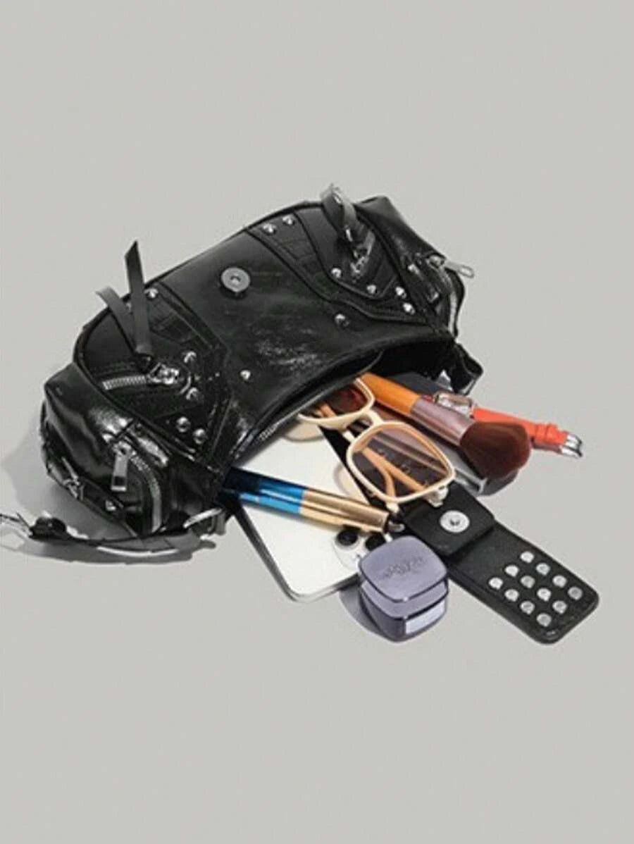 Motorcycle Bag Y2K Large Capacity Multifunctional Rivet Shoulder Crossbody Underarm Bag, Deep Black PU Leather Handbag SKU: SG25021281714057390
