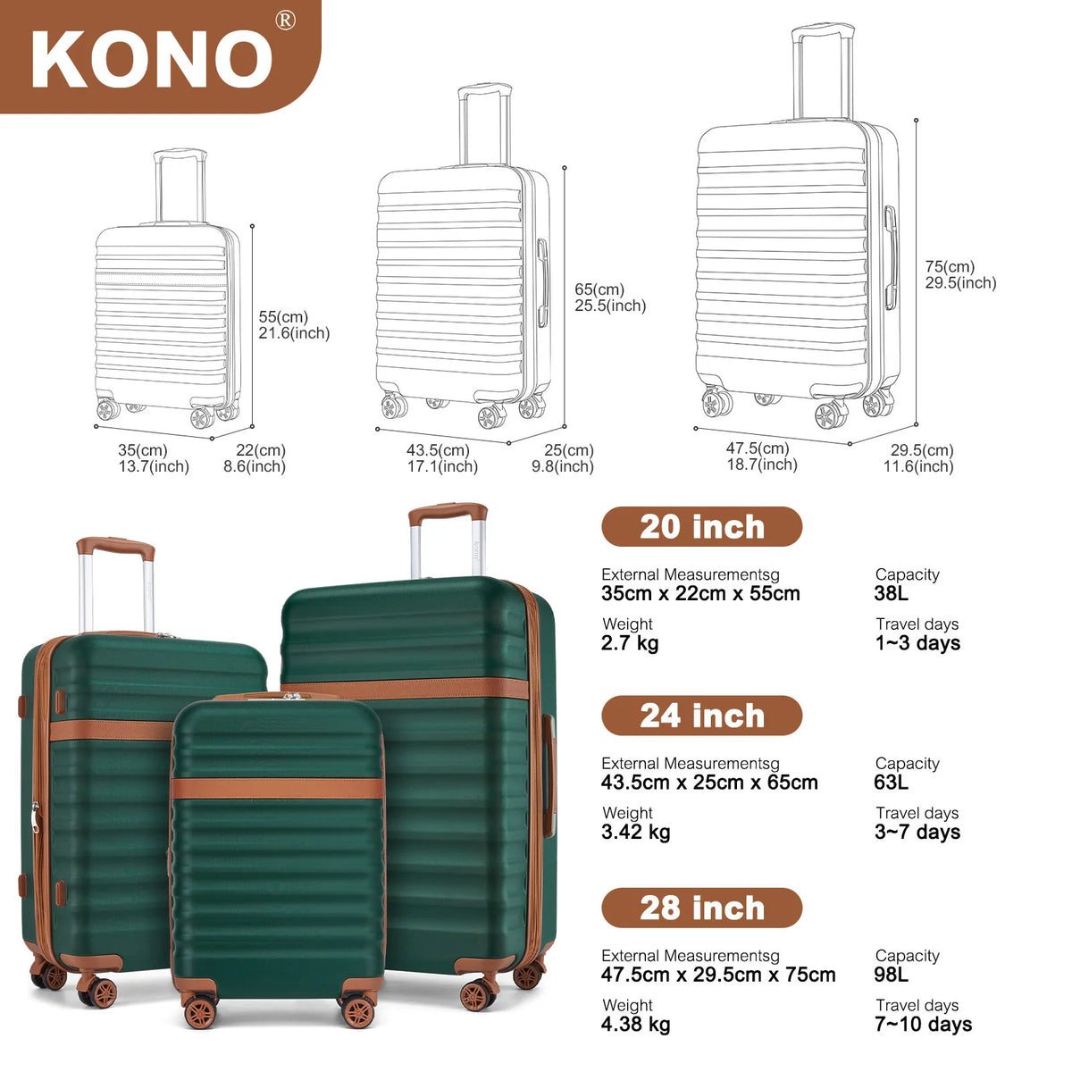 KONO 3 Piece ABS Hardside Luggage Set, 20/24/28 Inch Family Travel Suitcases, Quiet 360° Spinner Wheels, Adjustable 3-Stage Aluminum Telescopic Handle, Impact Resistant Expandable Luggage with 2-Year Warranty