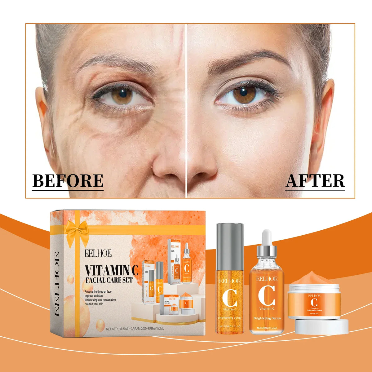 EELHOE Vitamin C Facial Skin Care Kit, Facial Moisturizing, Rejuvenating, Brightening and Fine Pore Kit