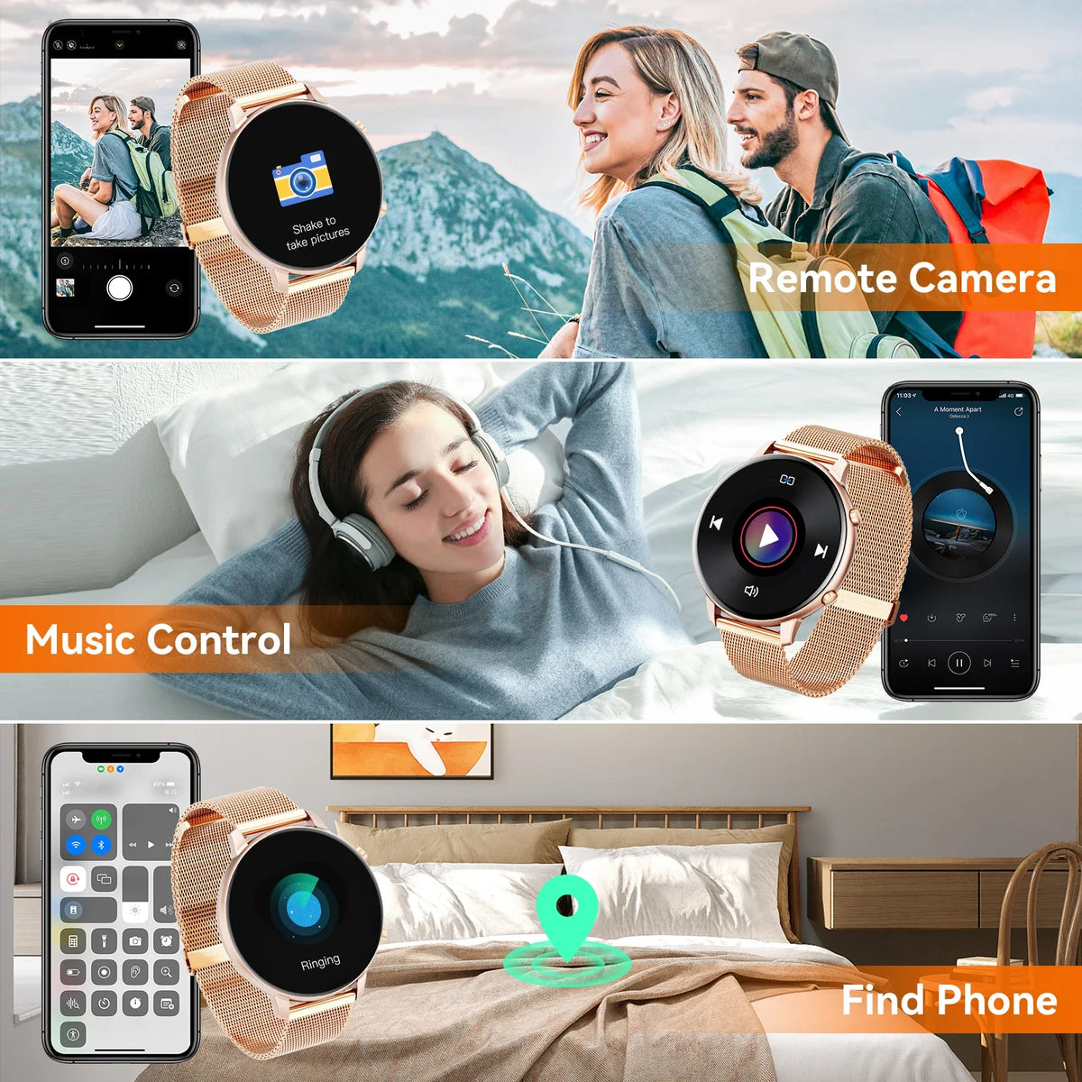 Women Rose Gold Smart Watch 1.39" Round Screen Bluetooth Call IP67 Waterproof Fitness Tracker Heart Rate SpO2 Monitor Ladies Smartwatch For Android IOS