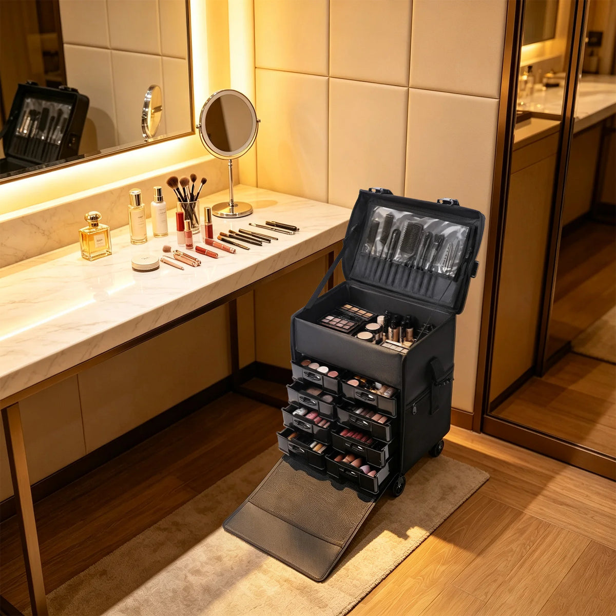 Rolling Makeup Case, Cosmetic Case Trolley, Make Up Suitcase Cosmetic Trolley, Makeup Suitcase with Four Universal Wheels