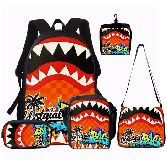 1/2/3/4/5PCS Trendy Shark Graphic Backpack Set | Perfect for School & Daily Adventures