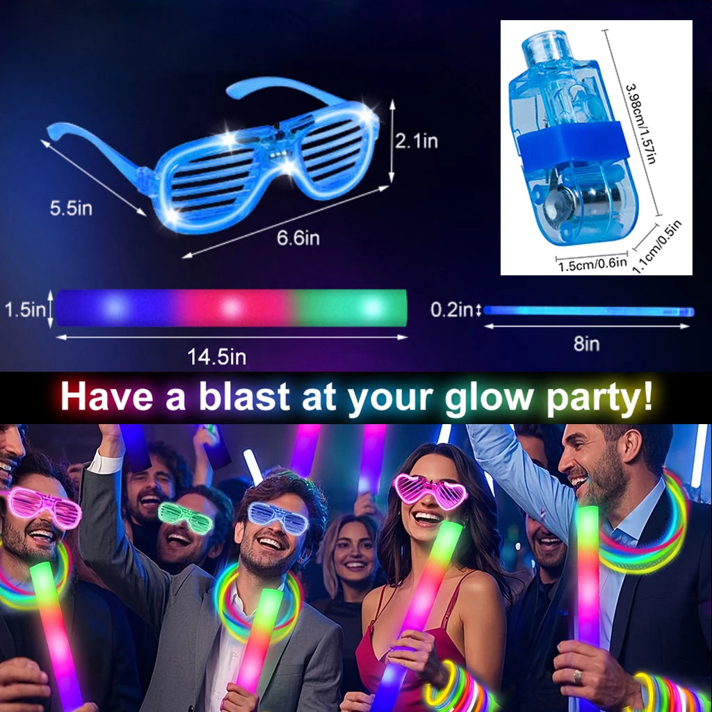166-Piece Glowing Party Decoration Set - 12 Led Glasses, 16 Foam Sticks, 40 Finger Lights, 100 Glow Sticks, Suitable for Weddings and Halloween