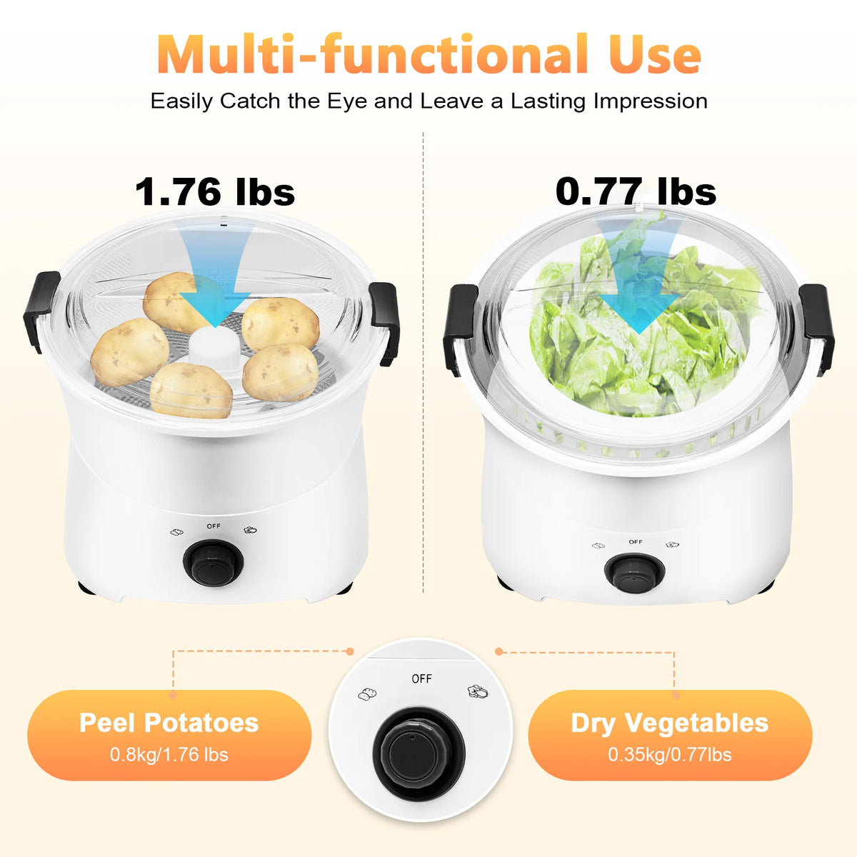 Electric Potato Peeler One‑button Automatic Spinner Peeler 85W Pure Copper Motor Multi‑Function for Home Kitchen Restaurant Use