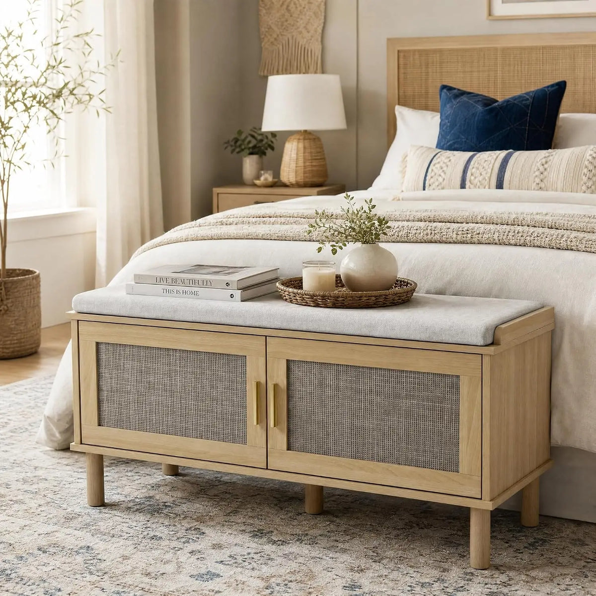 Entryway Shoe Changing Stool with Cushion and with 2 Doors Multi-layer Shoe Storage Shoe Cabinet Shoes Storage Rack Home Door Long Bench for Bedroom