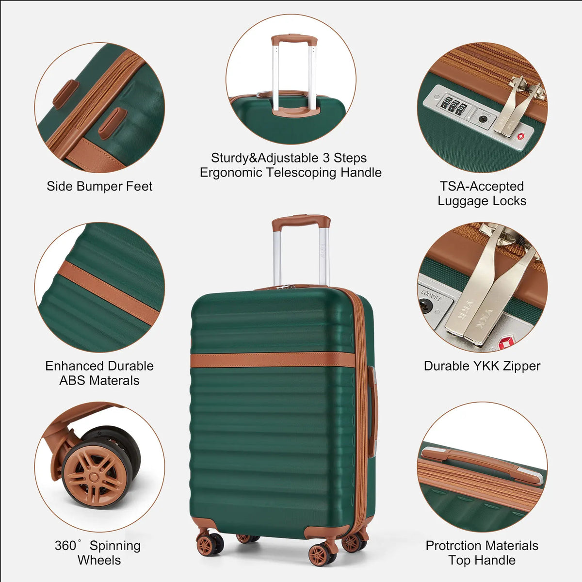 KONO 3 Piece ABS Hardside Luggage Set, 20/24/28 Inch Family Travel Suitcases, Quiet 360° Spinner Wheels, Adjustable 3-Stage Aluminum Telescopic Handle, Impact Resistant Expandable Luggage with 2-Year Warranty