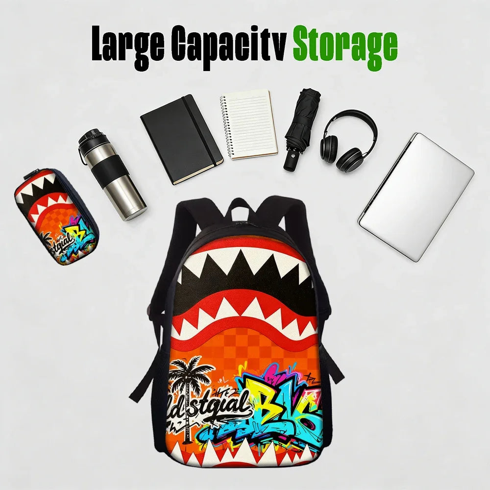 1/2/3/4/5PCS Trendy Shark Graphic Backpack Set | Perfect for School & Daily Adventures
